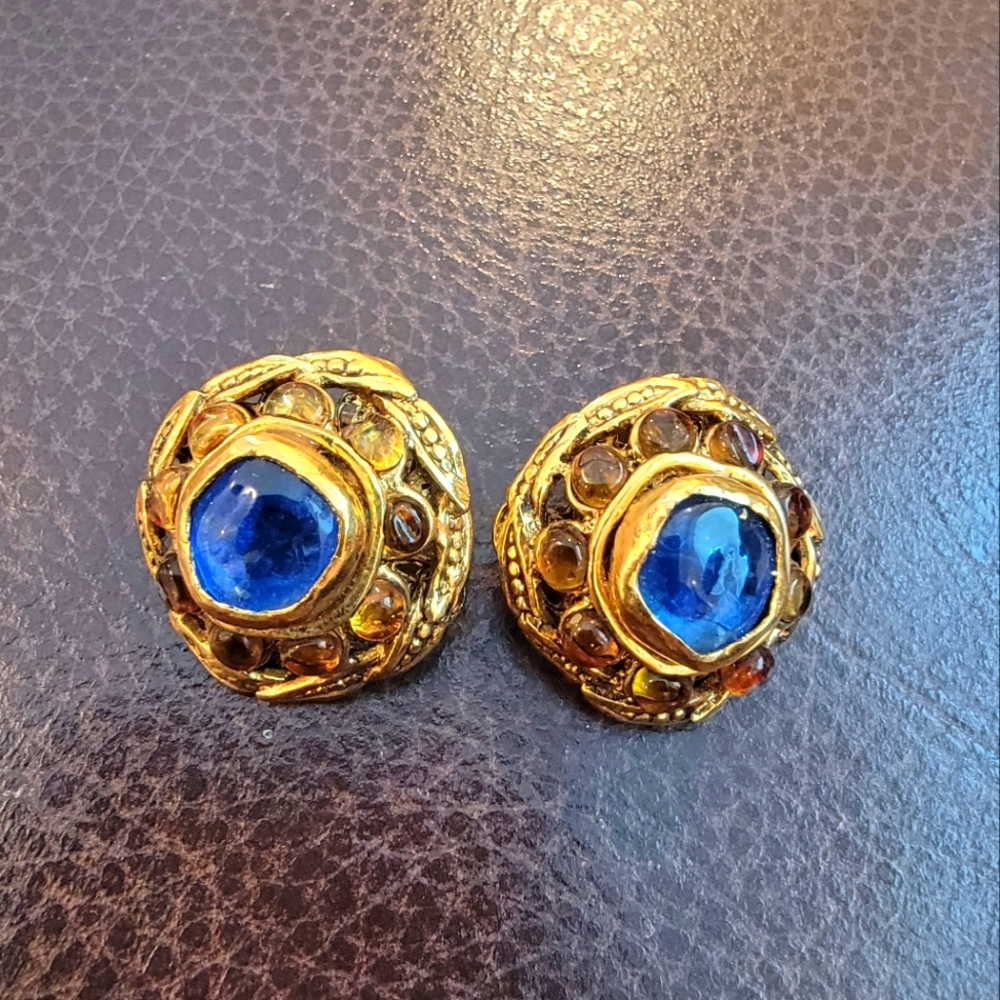 CHANEL FALL 1998 GRIPOIX BLUE YELLOW GLASS BYZANTINE STYLE EARRINGS